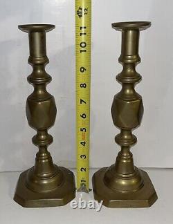 HUGE Antique Pair Signed Diamond Queen Spun Brass Push-up English CandleStick