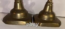 HUGE Antique Pair Signed Diamond Queen Spun Brass Push-up English CandleStick