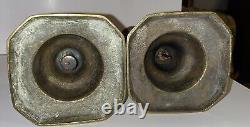 HUGE Antique Pair Signed Diamond Queen Spun Brass Push-up English CandleStick