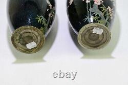 HUGE Signed Pair of OTA ZO Silver Wire Dove Bird Japanese Cloisonne Vases Rare