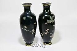 HUGE Signed Pair of OTA ZO Silver Wire Dove Bird Japanese Cloisonne Vases Rare