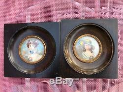 Hand Painted Pair Miniature Portrait of Ladies Antique in Wood Frame Signed