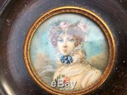 Hand Painted Pair Miniature Portrait of Ladies Antique in Wood Frame Signed