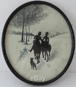Horsebacker Couple with Their Dog, SIGNED KENT, Silhouette, 20th Century Vintage