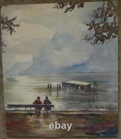 Indistinctly Signed Alps Mountain Landscape Romantic Old Pair Lake Nebel Antique