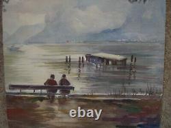 Indistinctly Signed Alps Mountain Landscape Romantic Old Pair Lake Nebel Antique