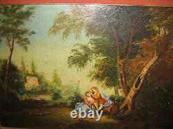 Italian antique painting signed oil on canvas FIGURES/COUPLE in landscape
