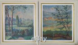 J. R. Croix signed French Antique Impressionist Landscape A PAIR Oil Paintings