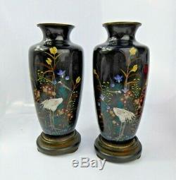 Japanese Antique Pair of Cloisonne Vases & Stands Signed Meiji Cranes Superb