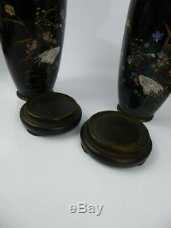 Japanese Antique Pair of Cloisonne Vases & Stands Signed Meiji Cranes Superb