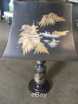 Japanese Black Engraved Brass Table Lamps Pair Antique Signed