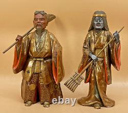 Japanese Meiji Pair Of Wood Lacquer Okimonos Farmers Woman & Man, Signed