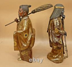 Japanese Meiji Pair Of Wood Lacquer Okimonos Farmers Woman & Man, Signed