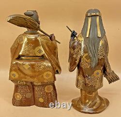 Japanese Meiji Pair Of Wood Lacquer Okimonos Farmers Woman & Man, Signed