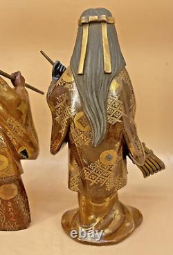 Japanese Meiji Pair Of Wood Lacquer Okimonos Farmers Woman & Man, Signed