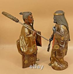 Japanese Meiji Pair Of Wood Lacquer Okimonos Farmers Woman & Man, Signed