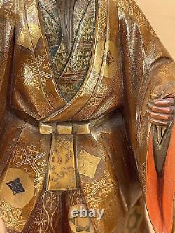 Japanese Meiji Pair Of Wood Lacquer Okimonos Farmers Woman & Man, Signed