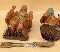 Japanese Meiji Pair Of Wood Lacquer Okimonos Farmers Woman & Man, Signed