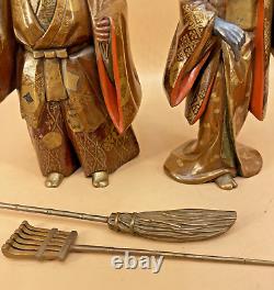 Japanese Meiji Pair Of Wood Lacquer Okimonos Farmers Woman & Man, Signed