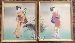 Japanese Painting on Silk Pair of 2 Signed Stamped Bamboo Frames