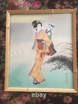 Japanese Painting on Silk Pair of 2 Signed Stamped Bamboo Frames