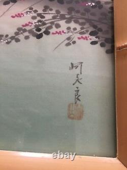 Japanese Painting on Silk Pair of 2 Signed Stamped Bamboo Frames