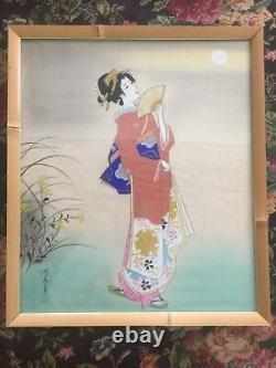 Japanese Painting on Silk Pair of 2 Signed Stamped Bamboo Frames