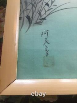 Japanese Painting on Silk Pair of 2 Signed Stamped Bamboo Frames