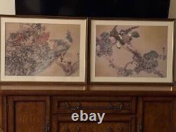 Japanese Pair of Watercolor Peacock in Paradise & Conquering eagle Signed