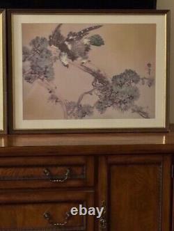 Japanese Pair of Watercolor Peacock in Paradise & Conquering eagle Signed