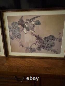 Japanese Pair of Watercolor Peacock in Paradise & Conquering eagle Signed