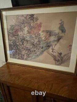 Japanese Pair of Watercolor Peacock in Paradise & Conquering eagle Signed