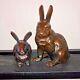 Japanese Rabbit Okimono Sculpture Pair Bronze Incised Signed Etched Detail 6