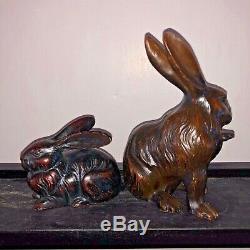 Japanese Rabbit Okimono sculpture Pair bronze incised signed etched detail 6