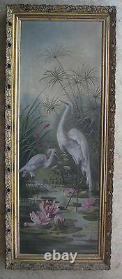 L. Horton Oil On Canvas Painting, Pair Of Cranes, California Artist, Gilt Frame