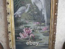 L. Horton Oil On Canvas Painting, Pair Of Cranes, California Artist, Gilt Frame