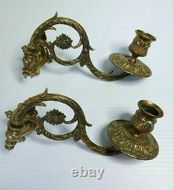 L PINET Brass Antique French Pair CandleStick Holder 1 ARM Wall Sconces SIGNED