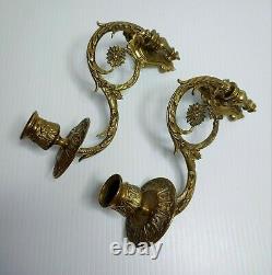 L PINET Brass Antique French Pair CandleStick Holder 1 ARM Wall Sconces SIGNED