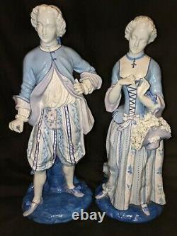 LARGE Pair STUNNING Antique FRENCH PORCELAIN Man Woman Figurines SIGNED