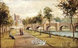 LISTED ANTIQUE ENGLISH WALTER W GODDARD SIGNED ORIG O/C RIVERSCAPE w FIGURES