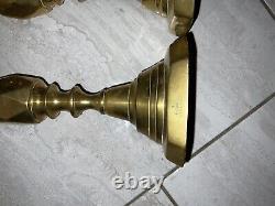 Large Antique Pair Signed Diamond Prince Spun Brass Push-up English CandleSticks