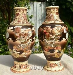 Large Mirror Pair Antique Japanese Taisho Satsuma Warrior Vases Signed Goyo