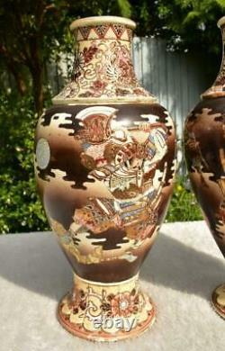 Large Mirror Pair Antique Japanese Taisho Satsuma Warrior Vases Signed Goyo