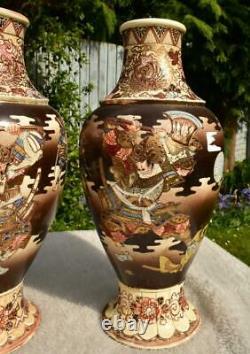 Large Mirror Pair Antique Japanese Taisho Satsuma Warrior Vases Signed Goyo