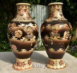 Large Mirror Pair Antique Japanese Taisho Satsuma Warrior Vases Signed Goyo