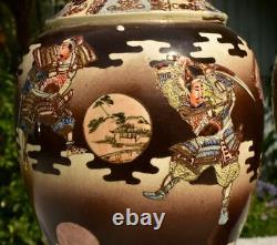 Large Mirror Pair Antique Japanese Taisho Satsuma Warrior Vases Signed Goyo