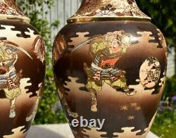 Large Mirror Pair Antique Japanese Taisho Satsuma Warrior Vases Signed Goyo