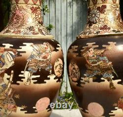 Large Mirror Pair Antique Japanese Taisho Satsuma Warrior Vases Signed Goyo