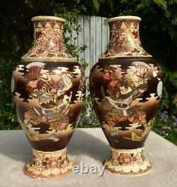 Large Mirror Pair Antique Japanese Taisho Satsuma Warrior Vases Signed Goyo