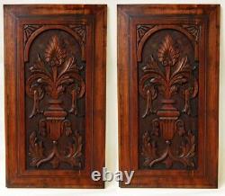 Large Pair Antique Aesthetic Movement Carved Wood Walnut Urn & Floral Panels